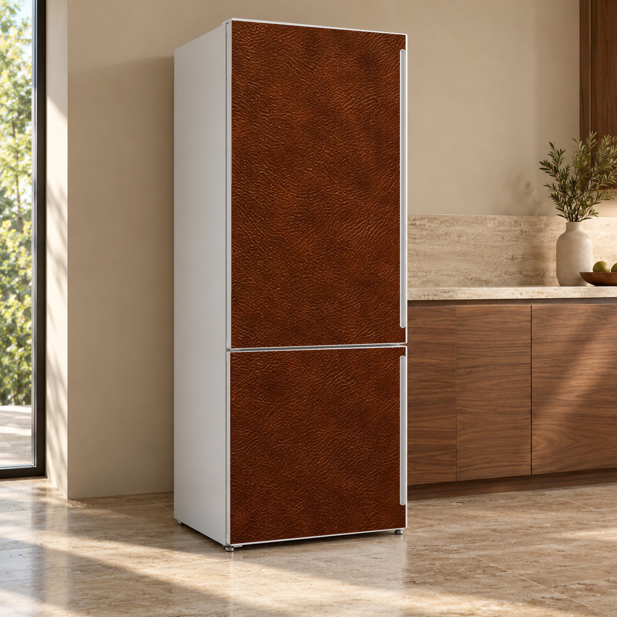 Cognac Leather Look fridge wrap, refrigerator shown at an angle
