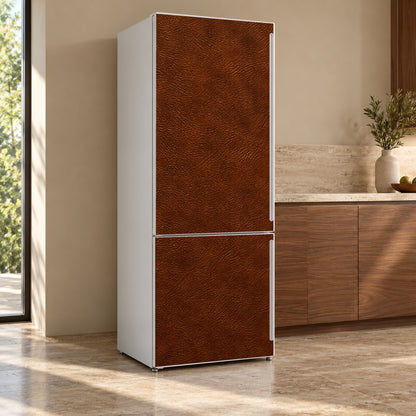 Cognac Leather Look fridge wrap, refrigerator shown at an angle