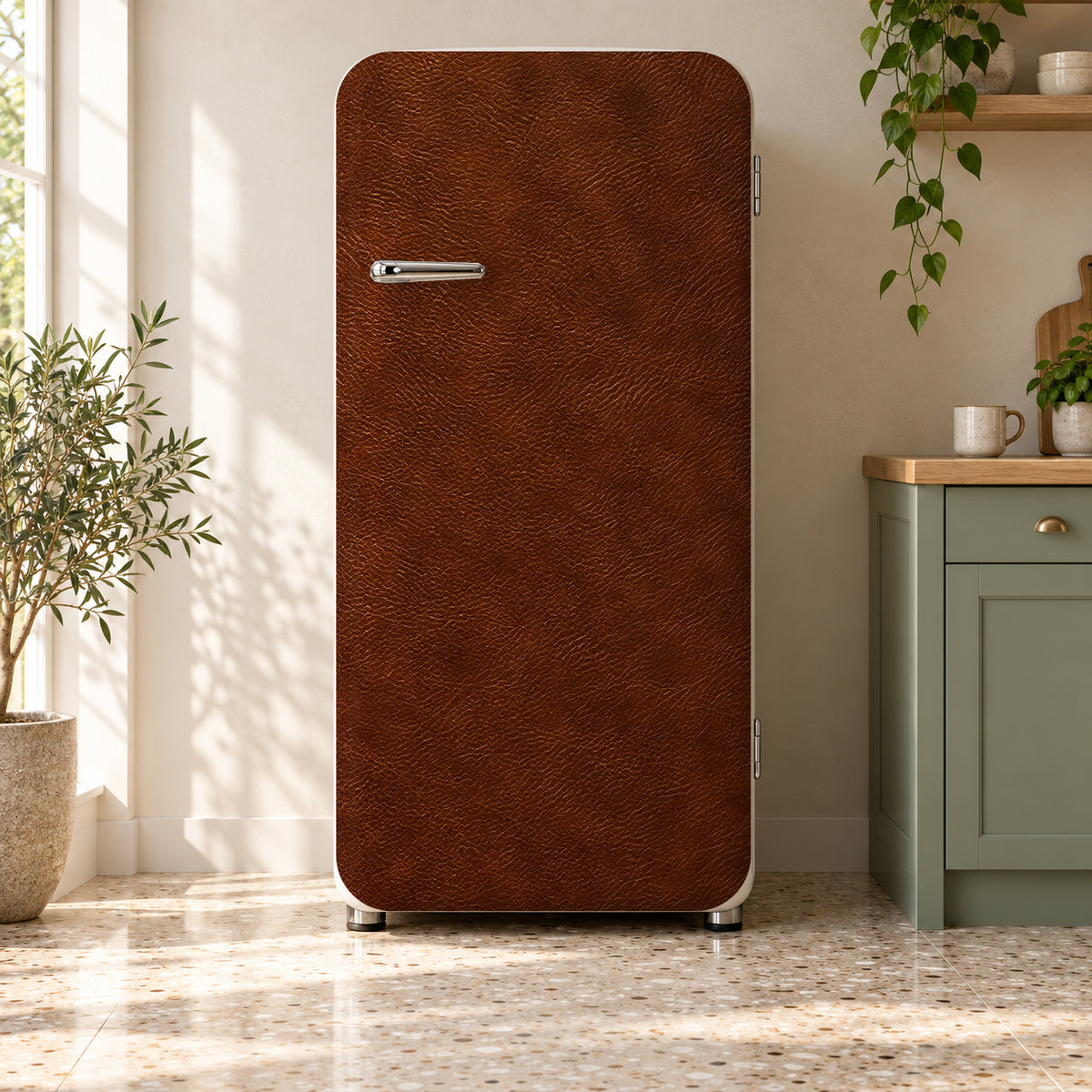 Cognac Leather Look fridge wrap on a retro refrigerator