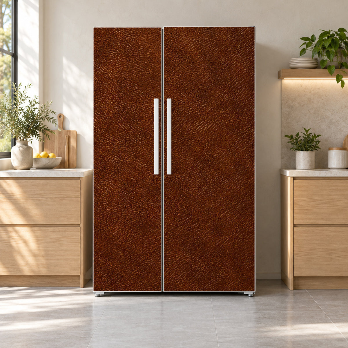 Cognac Leather Look fridge wrap on a side-by-side refrigerator