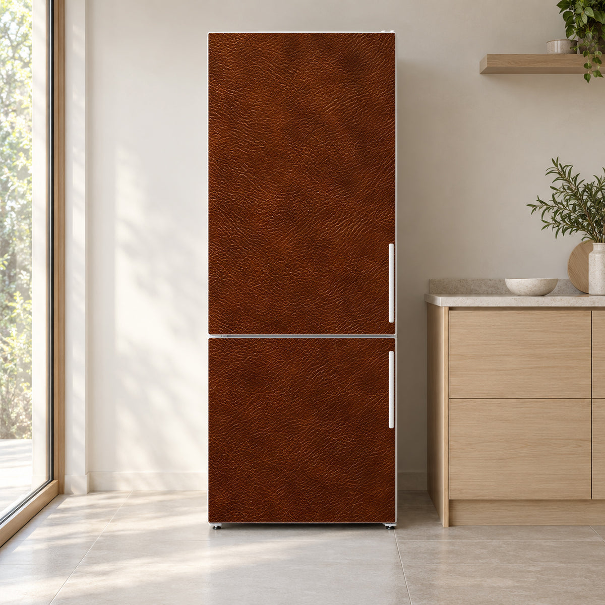 Cognac Leather Look fridge wrap on a white refrigerator in a bright kitchen