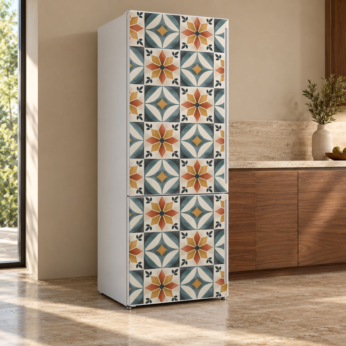 Colorful Cement Tiles fridge wrap, refrigerator shown at an angle