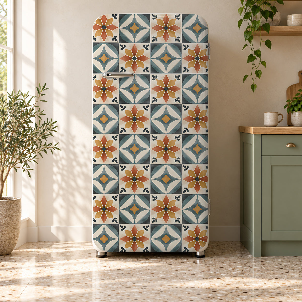 Colorful Cement Tiles fridge wrap on a retro refrigerator
