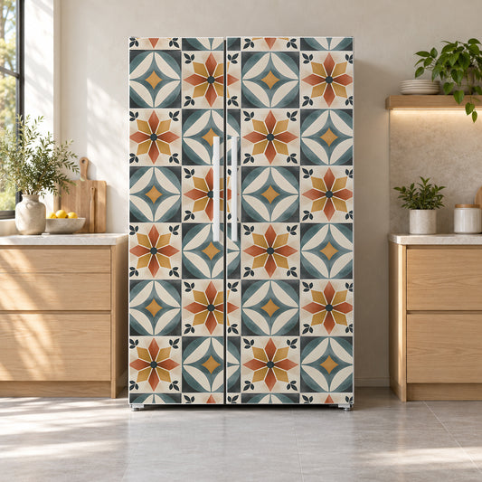 Colorful Cement Tiles fridge wrap on a side-by-side refrigerator