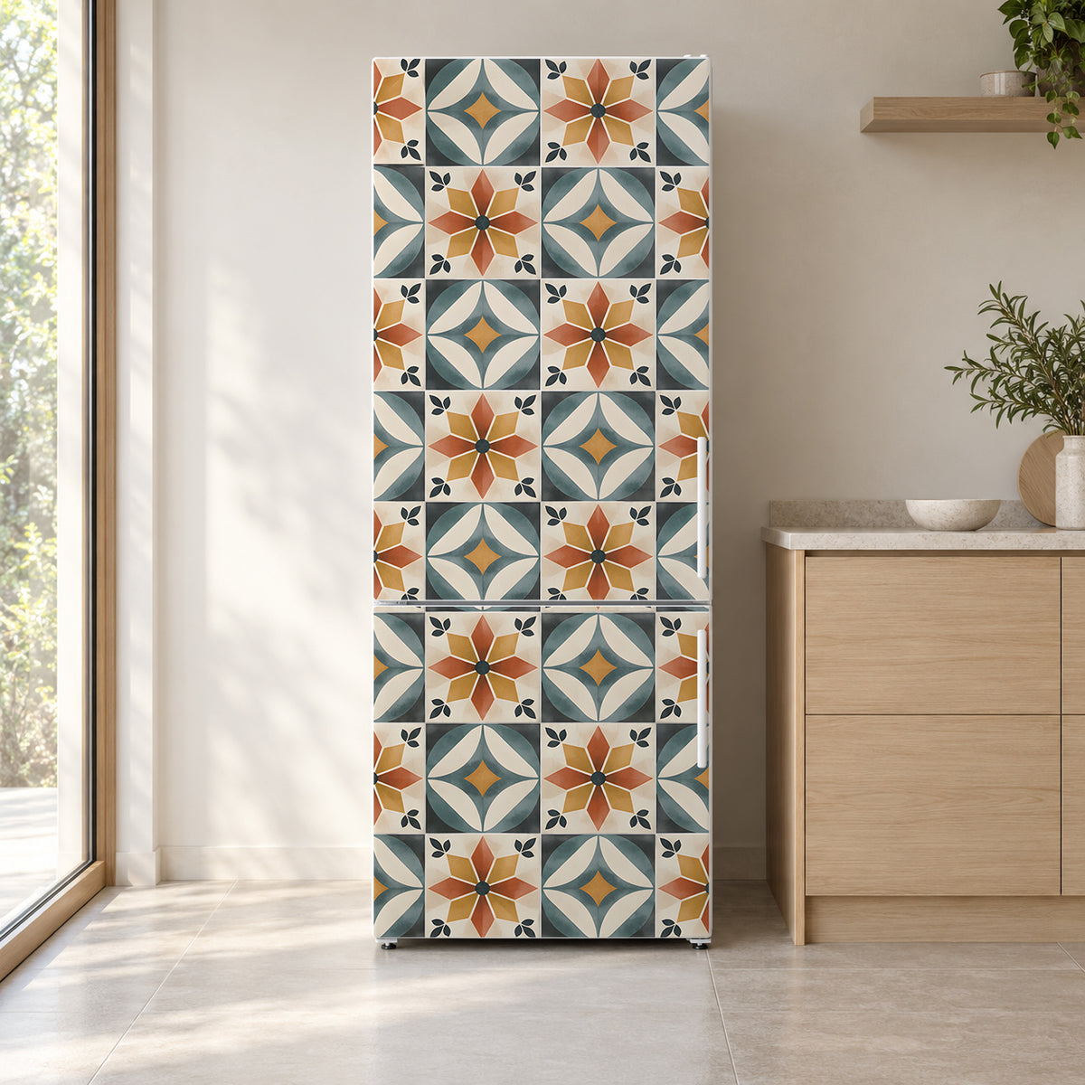 Colorful Cement Tiles fridge wrap on a white refrigerator in a bright kitchen