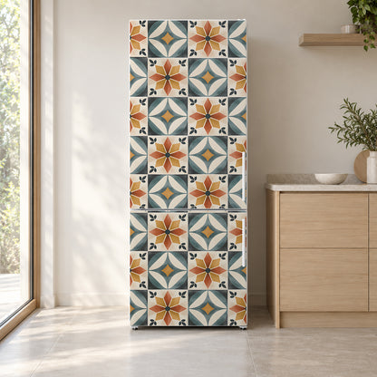Colorful Cement Tiles fridge wrap on a white refrigerator in a bright kitchen