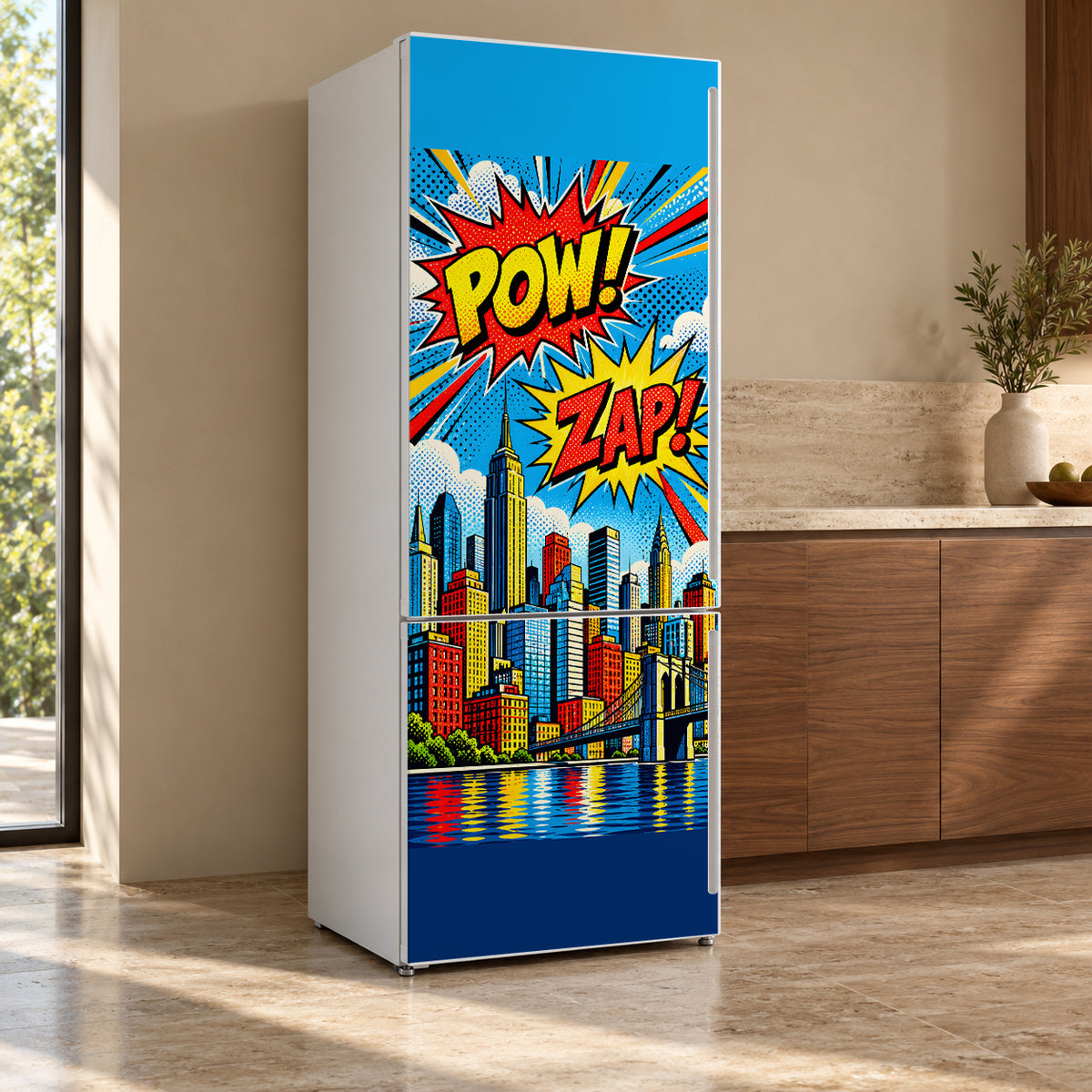 Comic Book Pop Art City fridge wrap, refrigerator shown at an angle