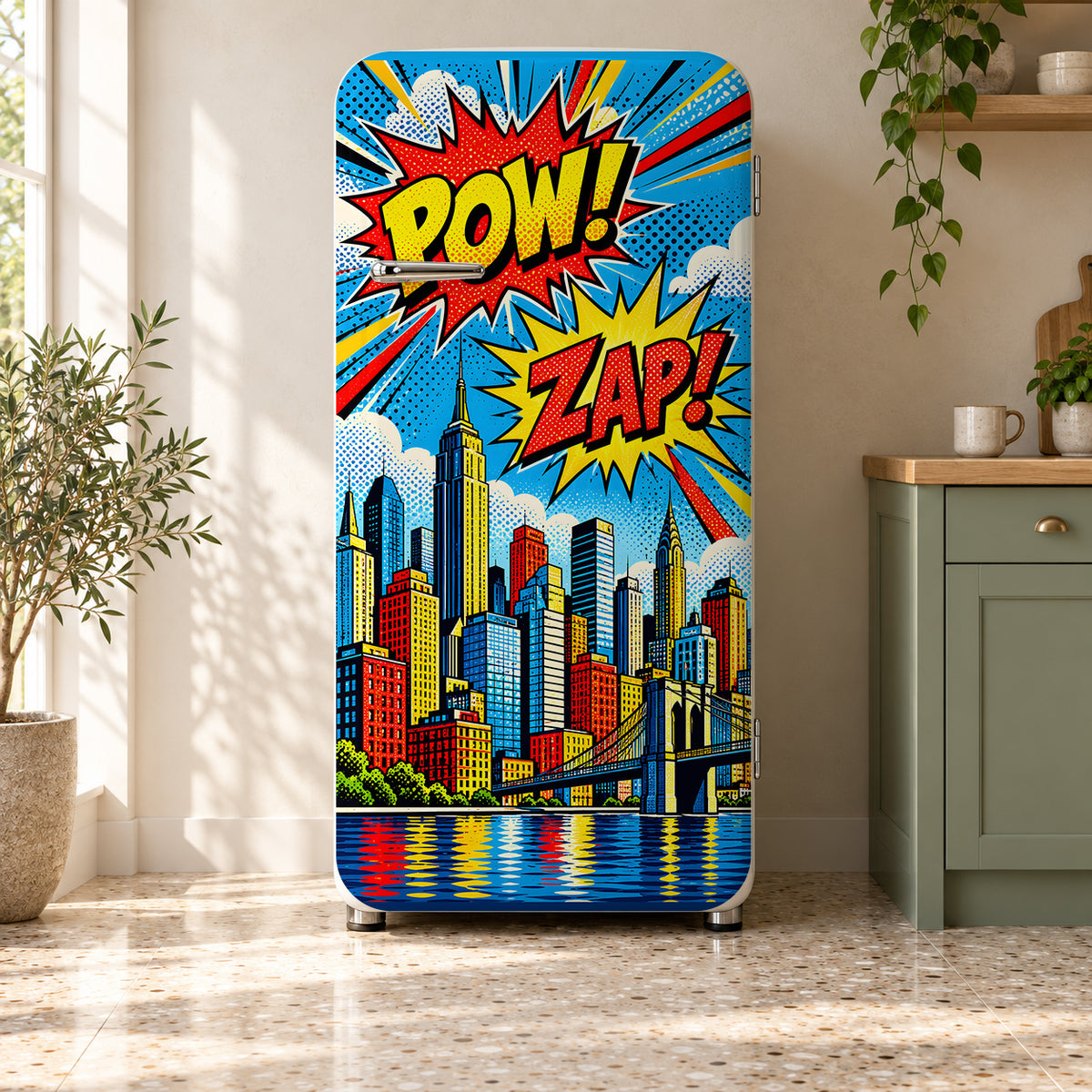 Comic Book Pop Art City fridge wrap on a retro refrigerator