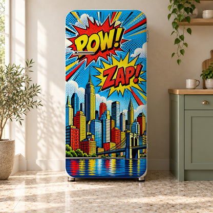Comic Book Pop Art City fridge wrap on a retro refrigerator