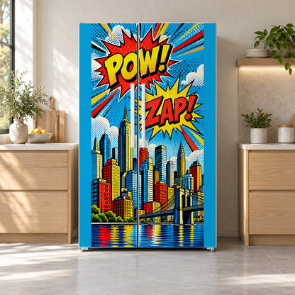 Comic Book Pop Art City fridge wrap on a side-by-side refrigerator