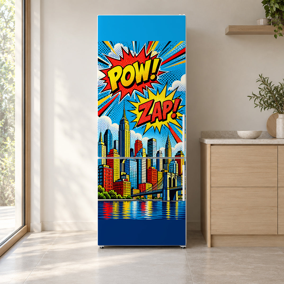 Comic Book Pop Art City fridge wrap on a white refrigerator in a bright kitchen