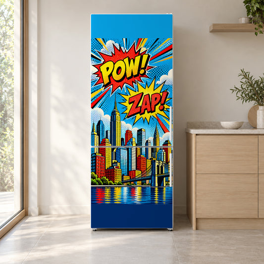 Comic Book Pop Art City fridge wrap on a white refrigerator in a bright kitchen