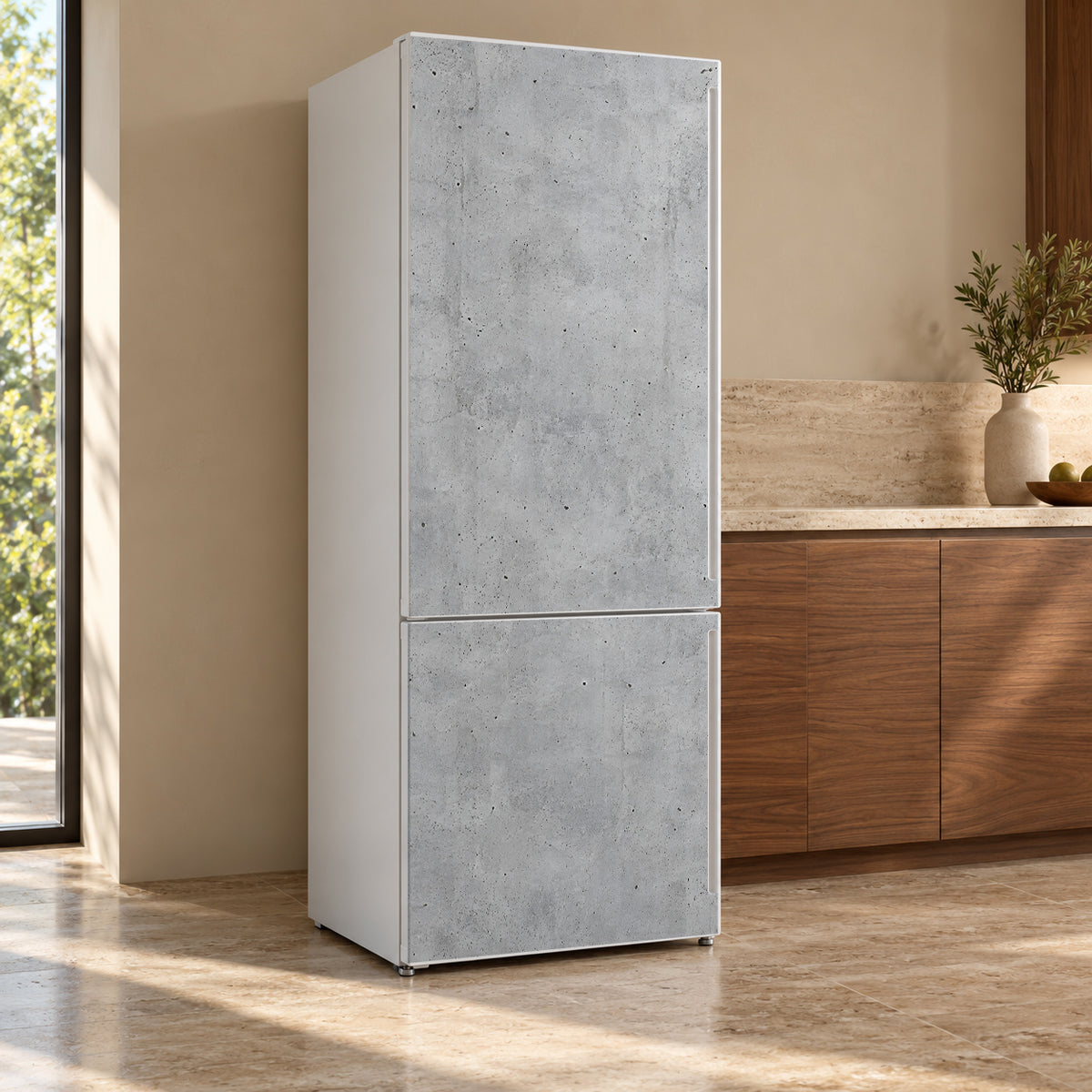 Concrete Loft fridge wrap, refrigerator shown at an angle