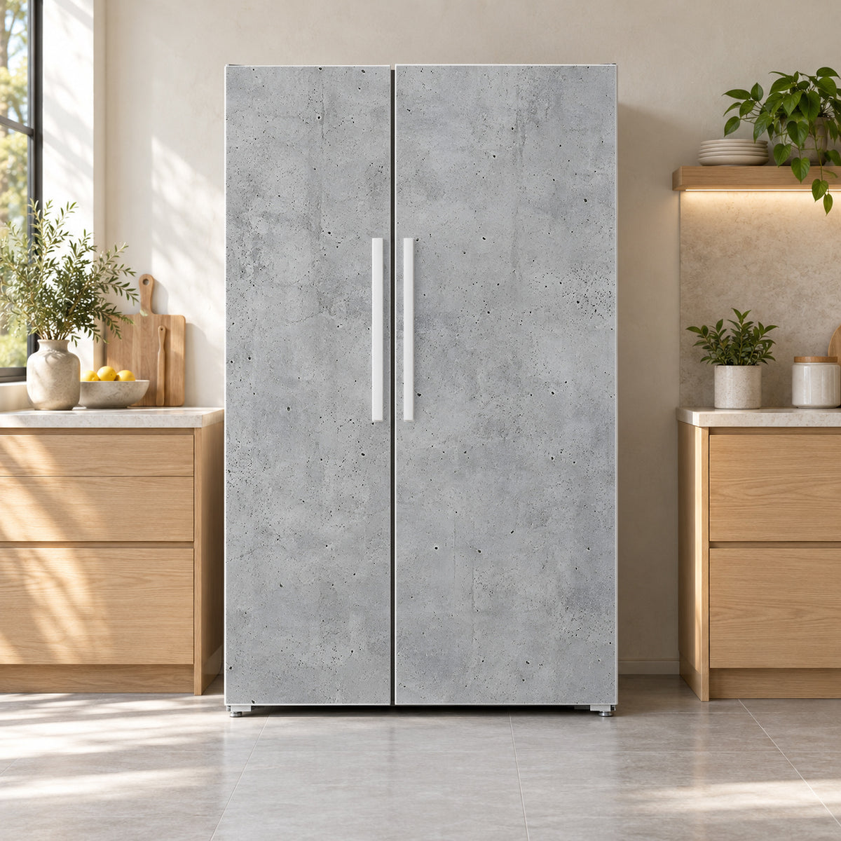 Concrete Loft fridge wrap on a side-by-side refrigerator