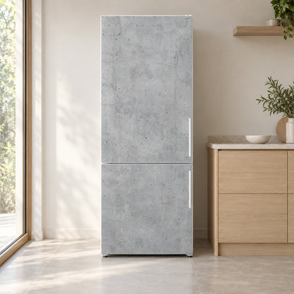 Concrete Loft fridge wrap on a white refrigerator in a bright kitchen