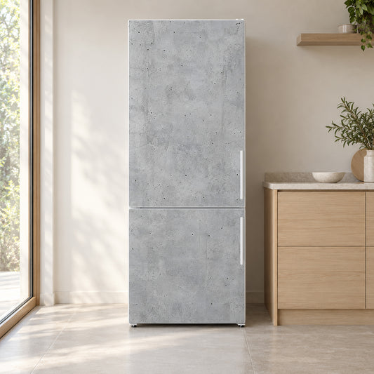 Concrete Loft fridge wrap on a white refrigerator in a bright kitchen