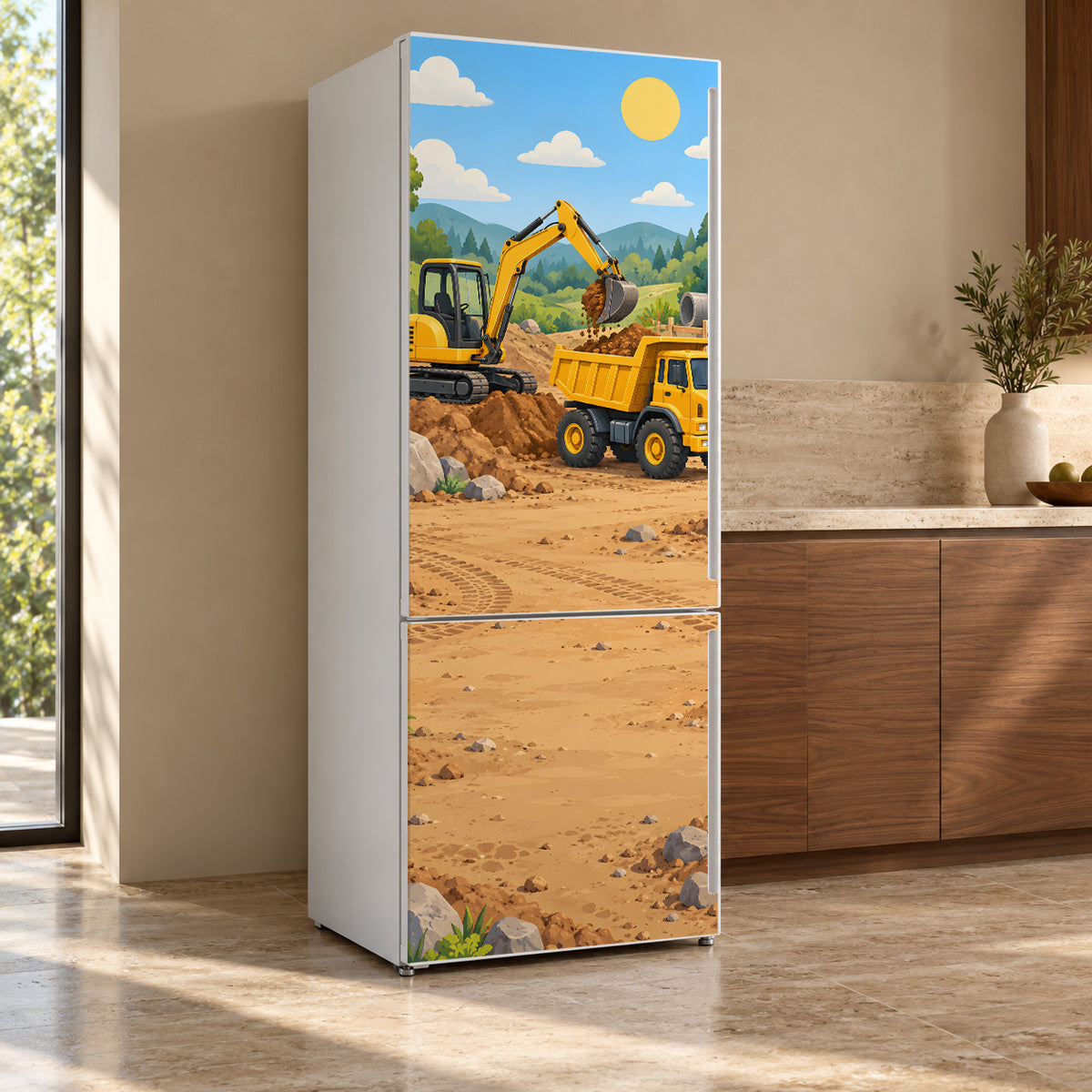 Construction Trucks fridge wrap, refrigerator shown at an angle