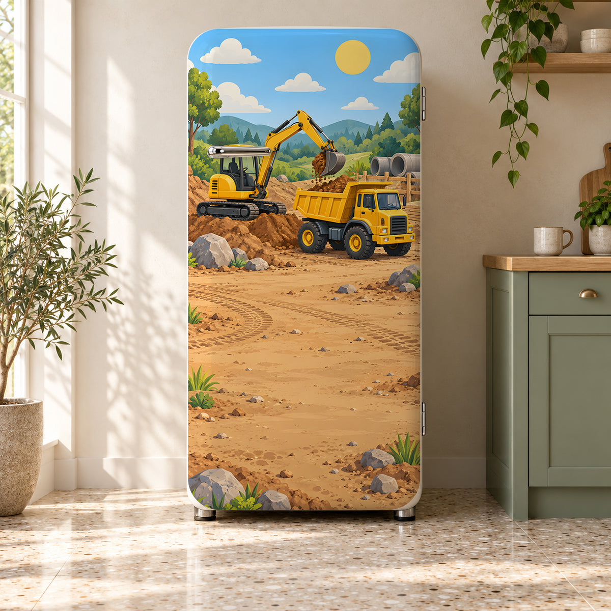 Construction Trucks fridge wrap on a retro refrigerator