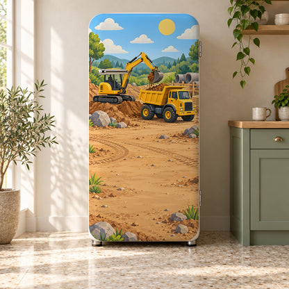 Construction Trucks fridge wrap on a retro refrigerator