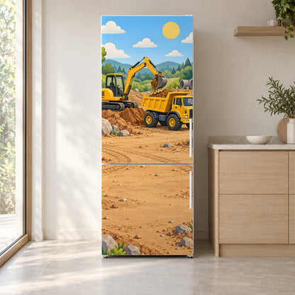 Construction Trucks fridge wrap on a white refrigerator in a bright kitchen