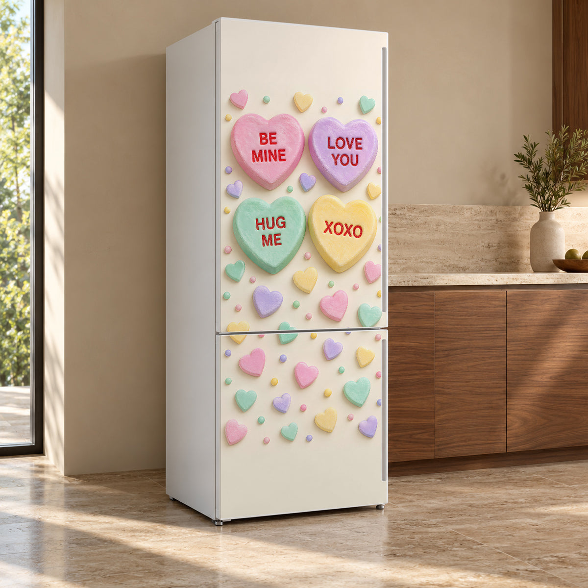 Conversation Hearts fridge wrap, refrigerator shown at an angle