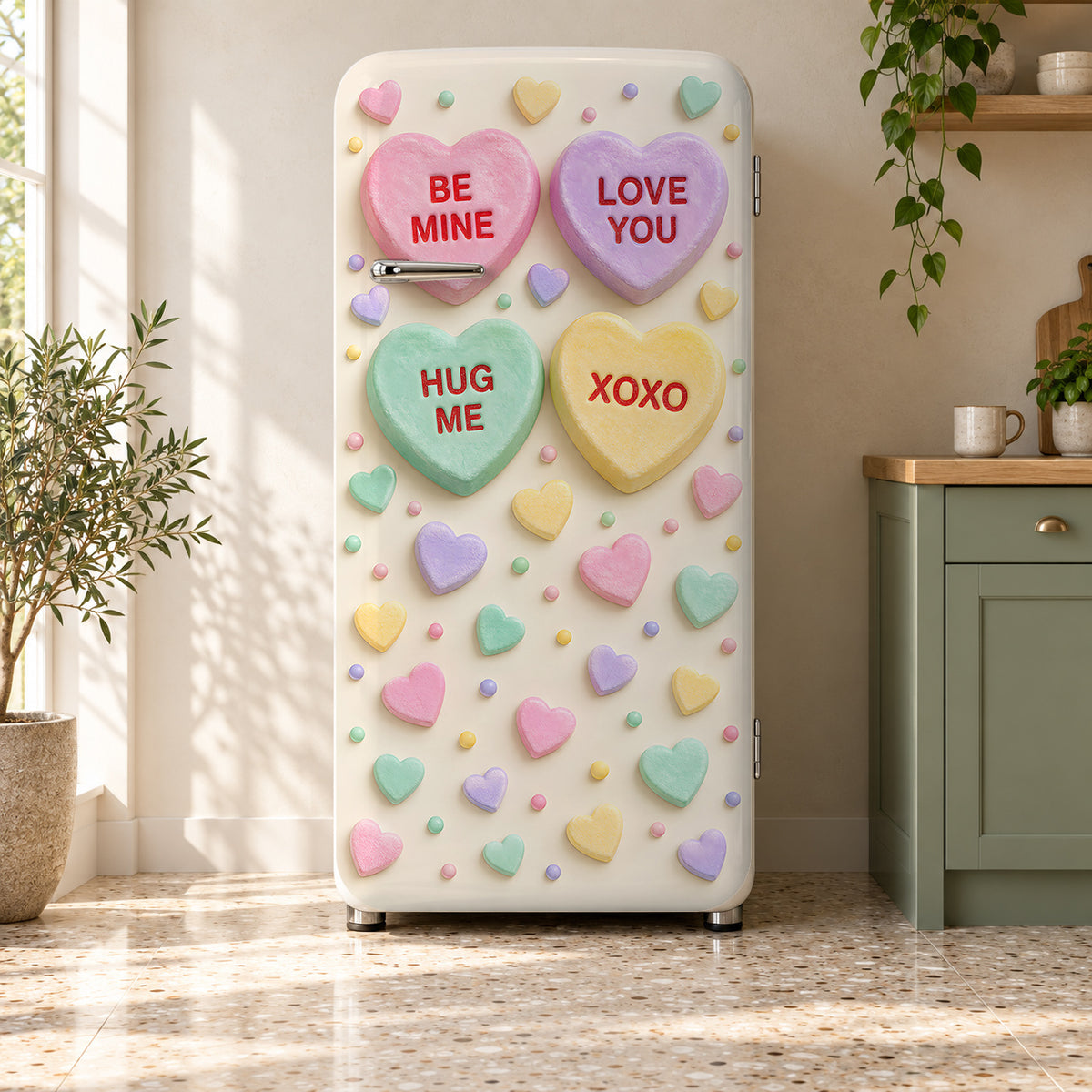 Conversation Hearts fridge wrap on a retro refrigerator