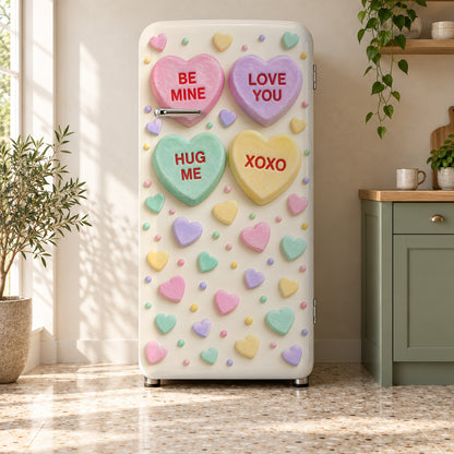 Conversation Hearts fridge wrap on a retro refrigerator