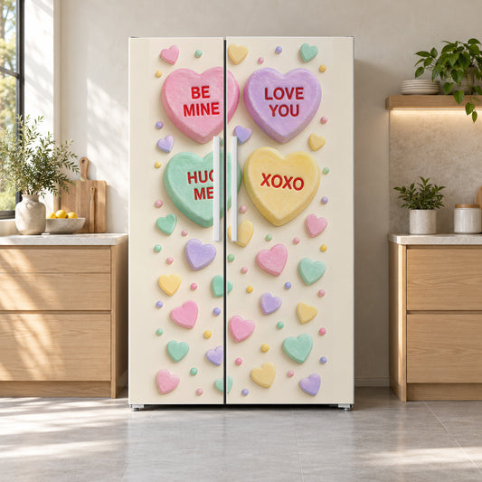 Conversation Hearts fridge wrap on a side-by-side refrigerator