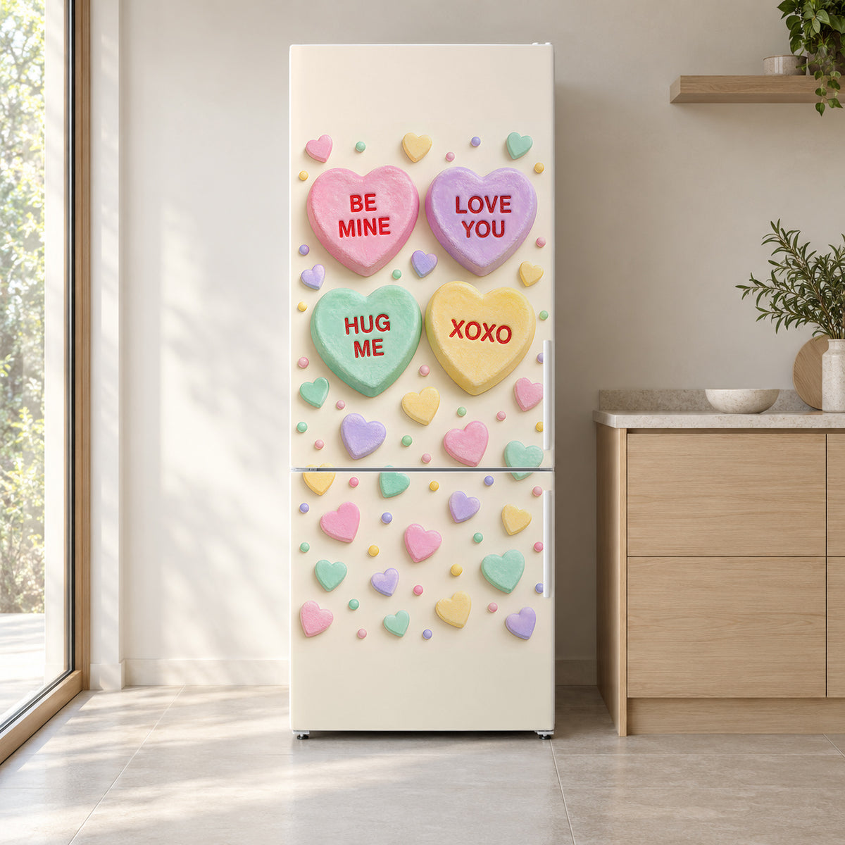 Conversation Hearts fridge wrap on a white refrigerator in a bright kitchen