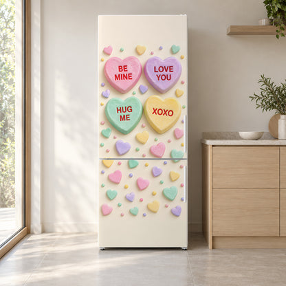 Conversation Hearts fridge wrap on a white refrigerator in a bright kitchen