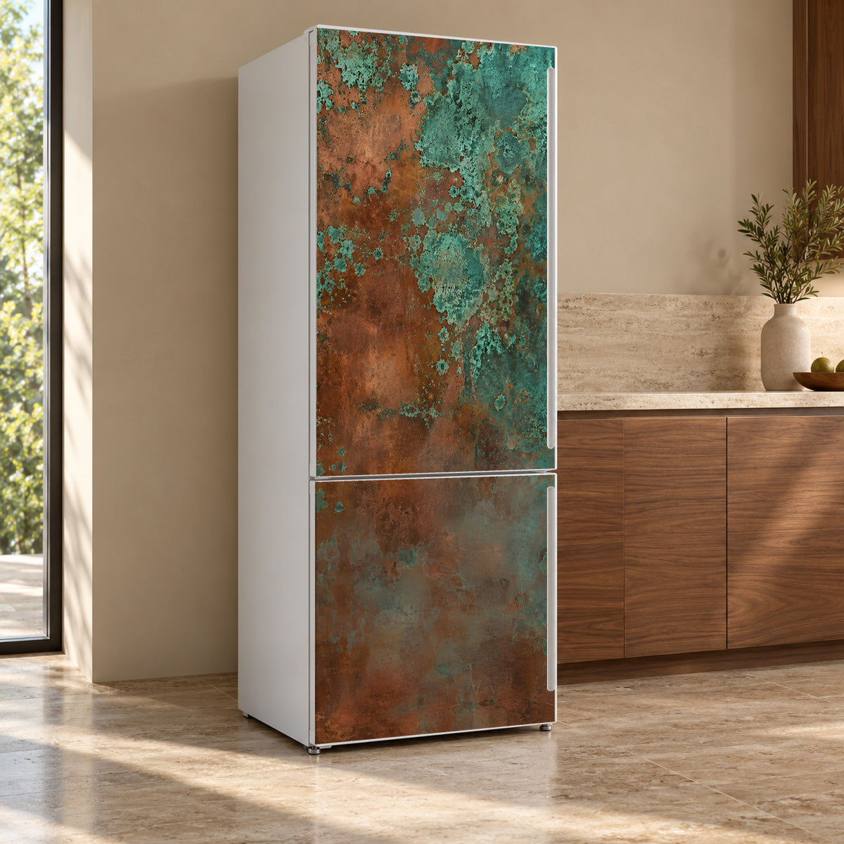 Copper Patina fridge wrap, refrigerator shown at an angle