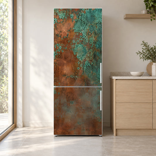 Copper Patina fridge wrap on a white refrigerator in a bright kitchen