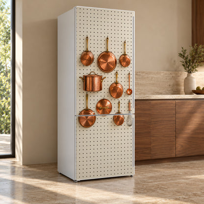 Copper Pots Pegboard fridge wrap, refrigerator shown at an angle