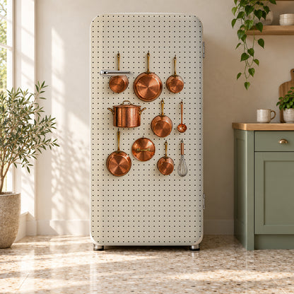 Copper Pots Pegboard fridge wrap on a retro refrigerator