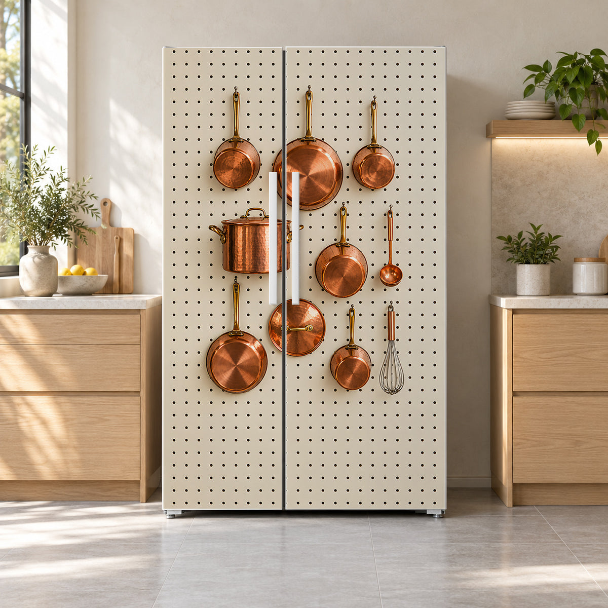 Copper Pots Pegboard fridge wrap on a side-by-side refrigerator