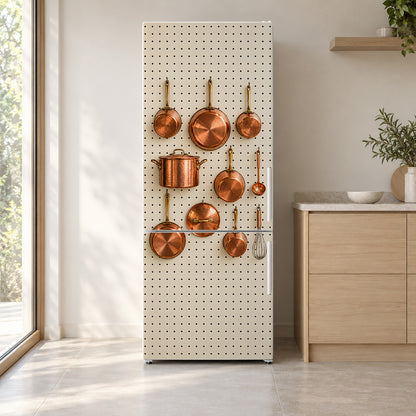 Copper Pots Pegboard fridge wrap on a white refrigerator in a bright kitchen