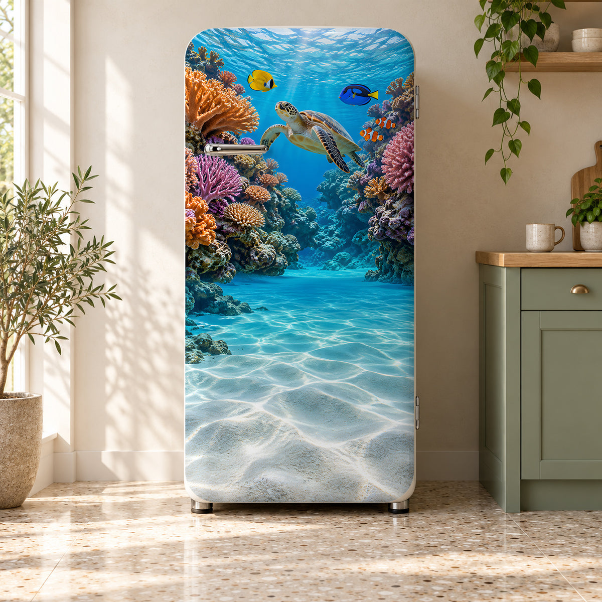Coral Reef fridge wrap on a retro refrigerator