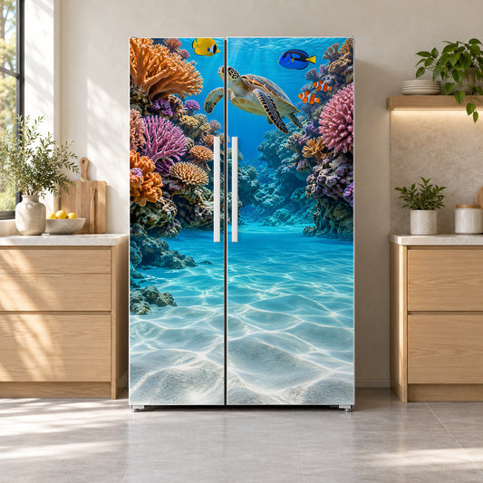 Coral Reef fridge wrap on a side-by-side refrigerator