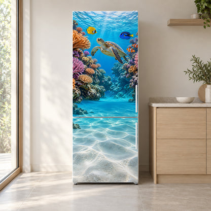 Coral Reef fridge wrap on a white refrigerator in a bright kitchen