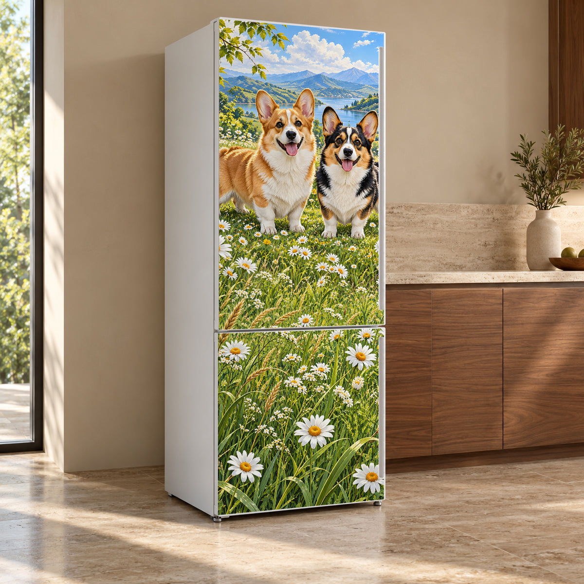 Corgis fridge wrap, refrigerator shown at an angle