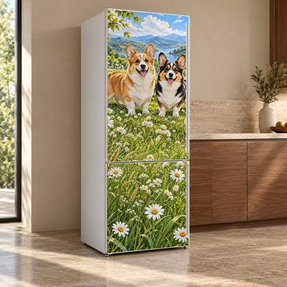 Corgis fridge wrap, refrigerator shown at an angle