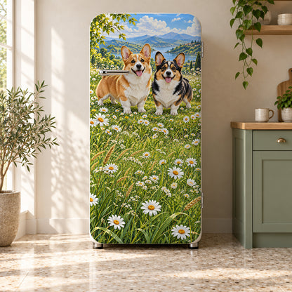 Corgis fridge wrap on a retro refrigerator