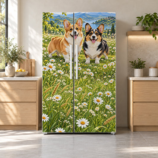 Corgis fridge wrap on a side-by-side refrigerator