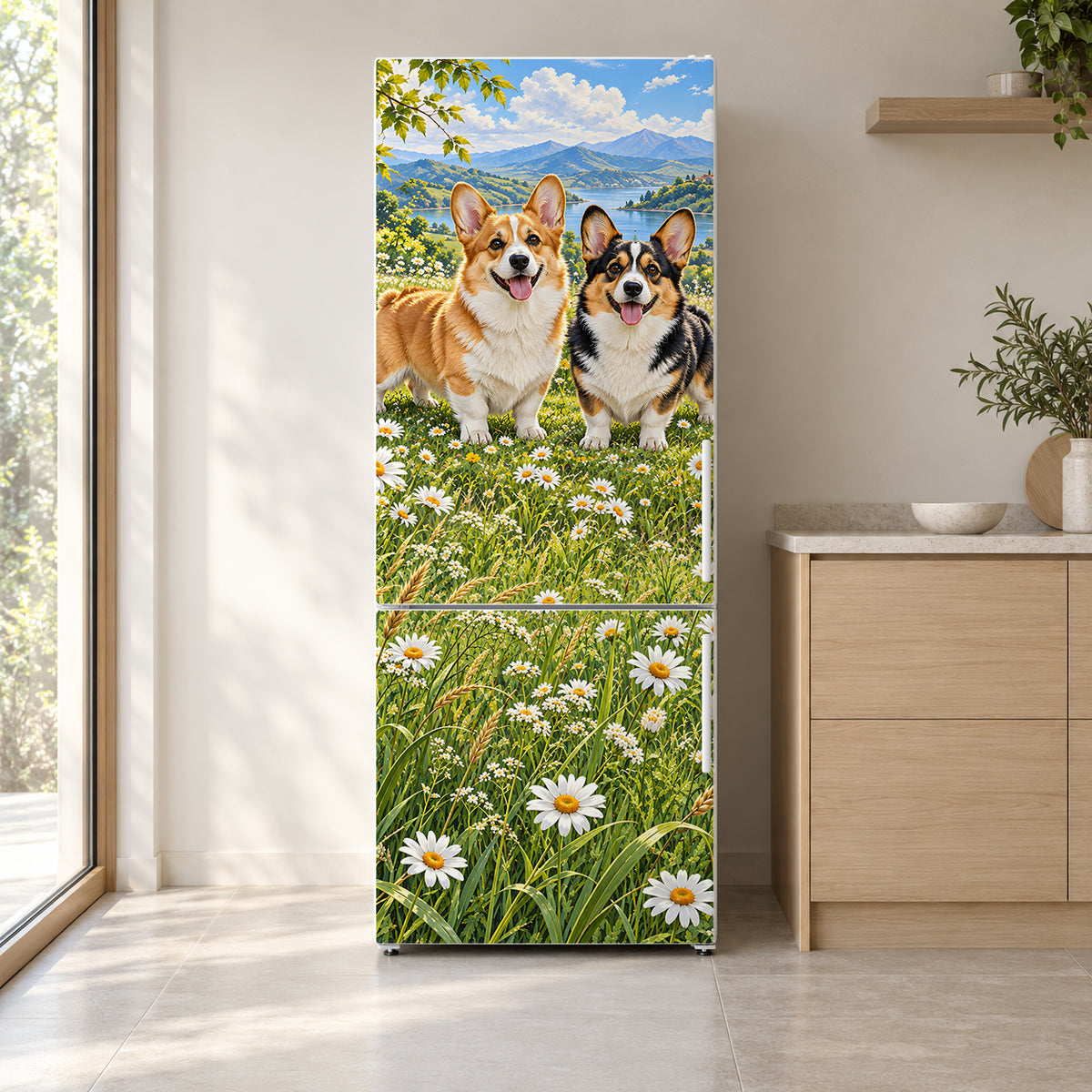 Corgis fridge wrap on a white refrigerator in a bright kitchen