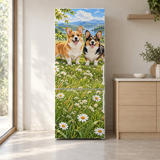 Corgis fridge wrap on a white refrigerator in a bright kitchen