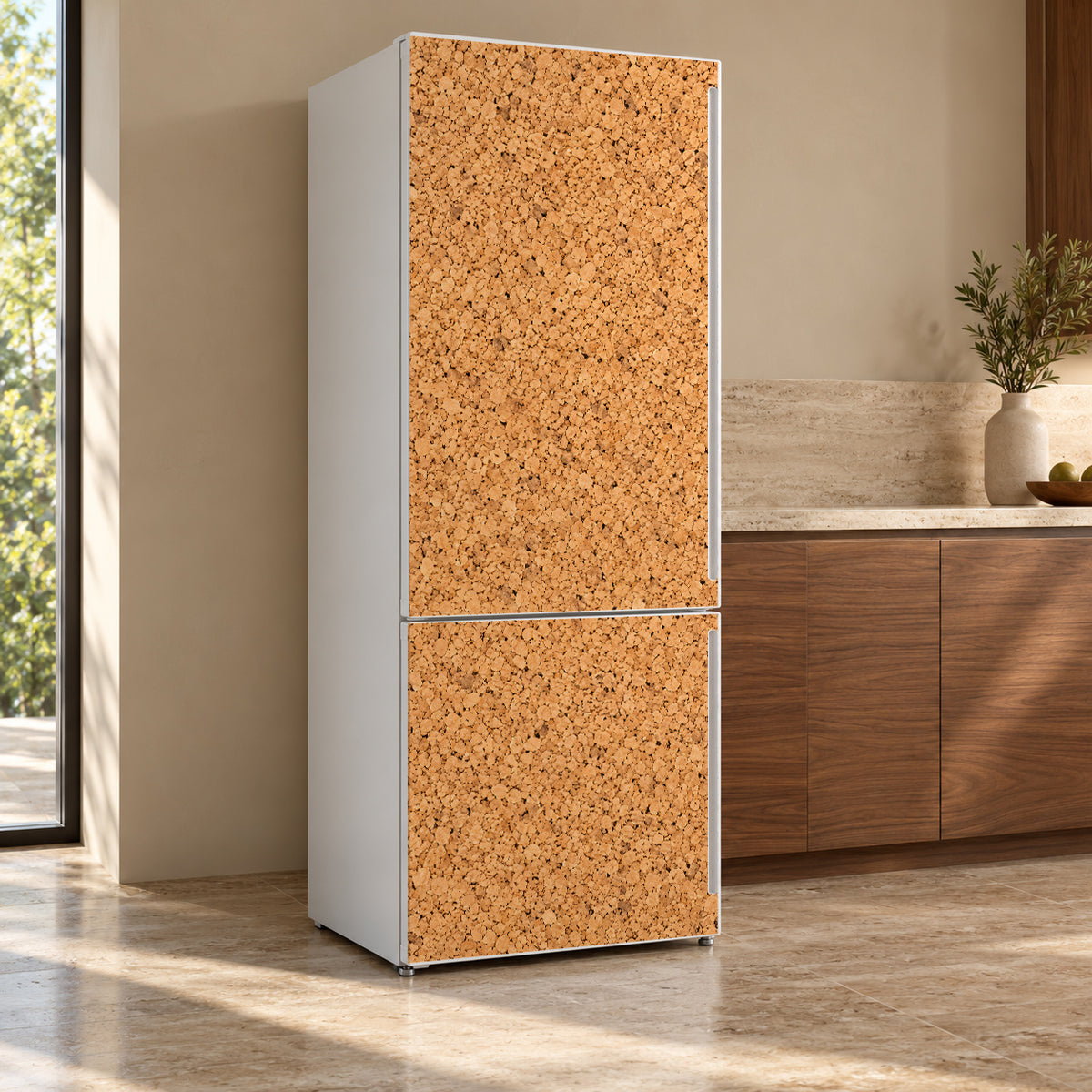 Cork Board Texture fridge wrap, refrigerator shown at an angle