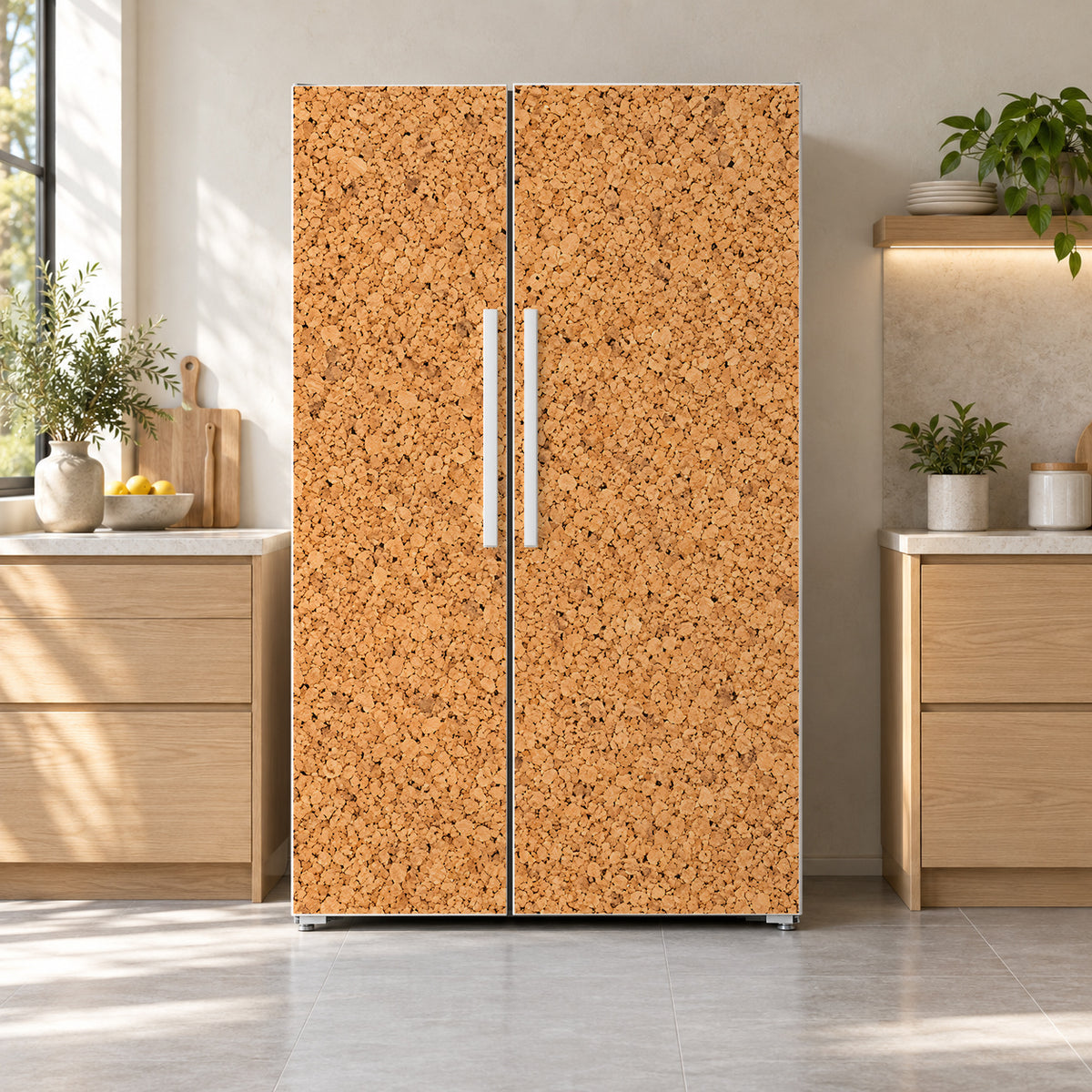 Cork Board Texture fridge wrap on a side-by-side refrigerator