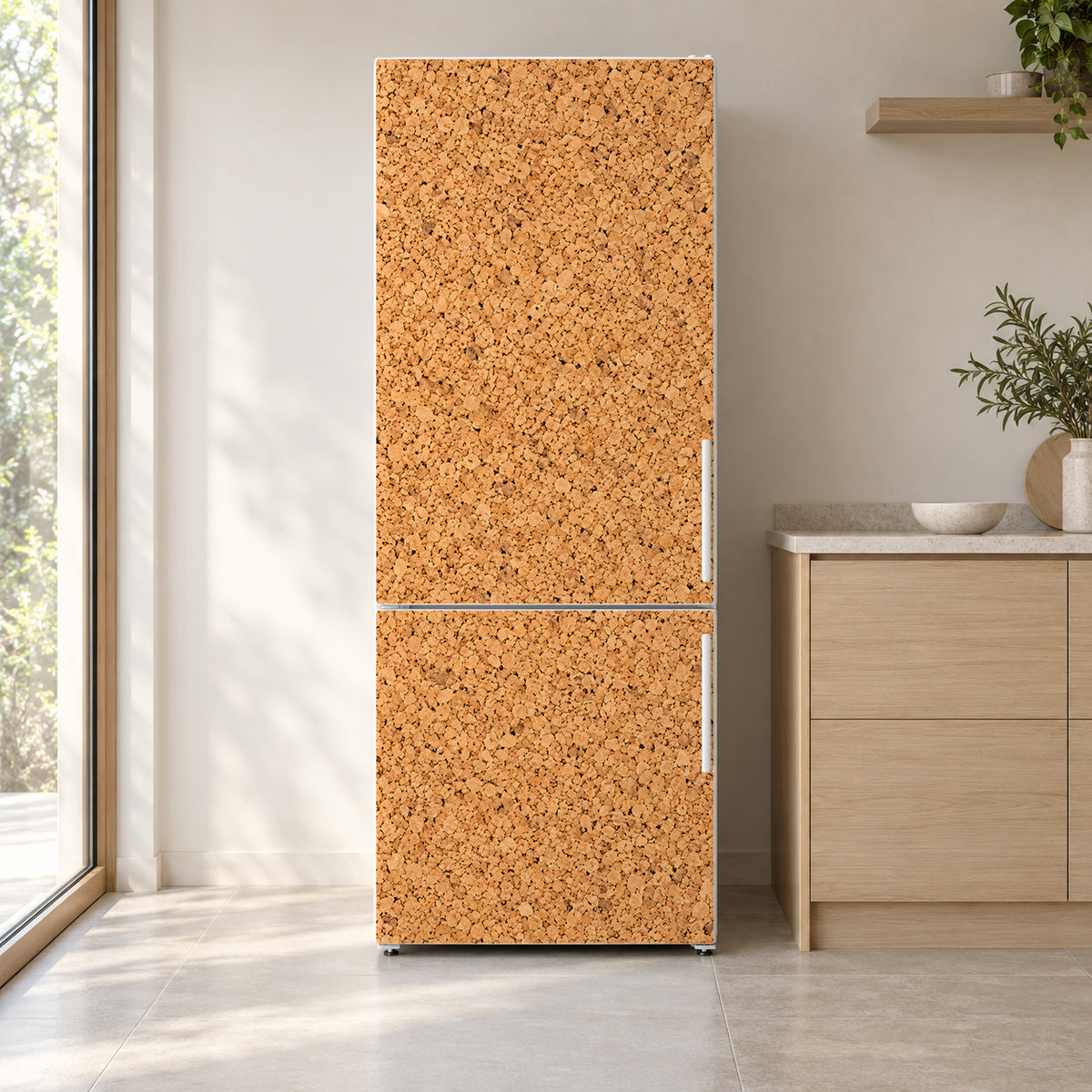 Cork Board Texture fridge wrap on a white refrigerator in a bright kitchen