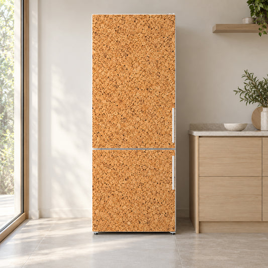 Cork Board Texture fridge wrap on a white refrigerator in a bright kitchen