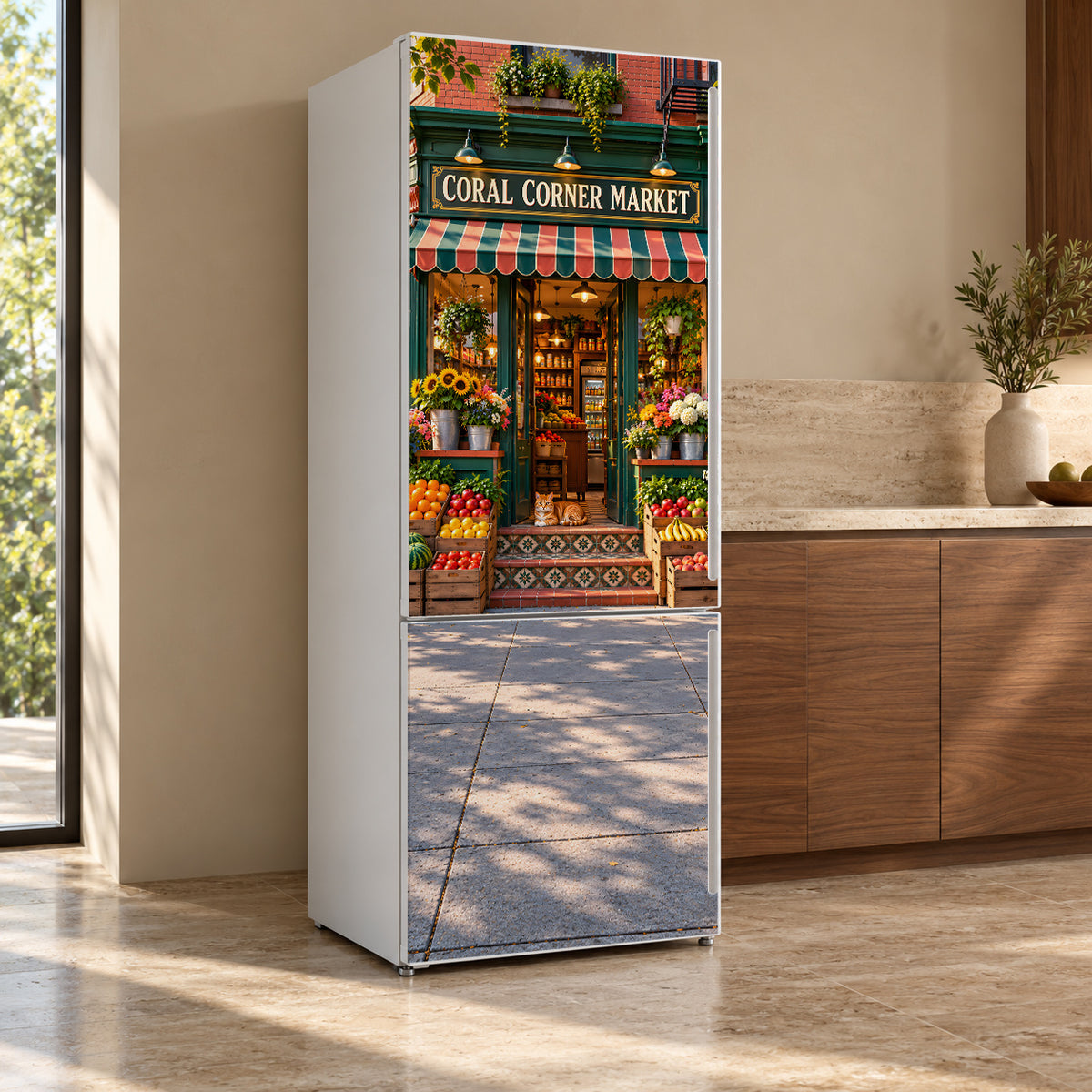 Corner Bodega Storefront fridge wrap, refrigerator shown at an angle